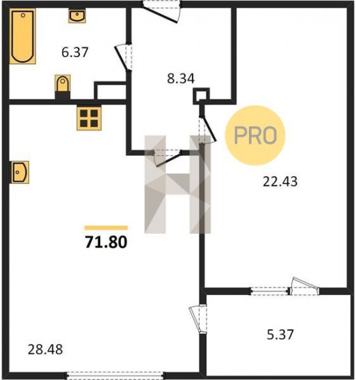 Однокомнатная квартира 71.8 м²