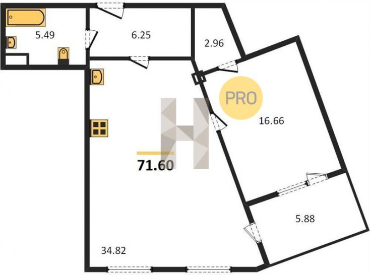 Однокомнатная квартира 71.6 м²