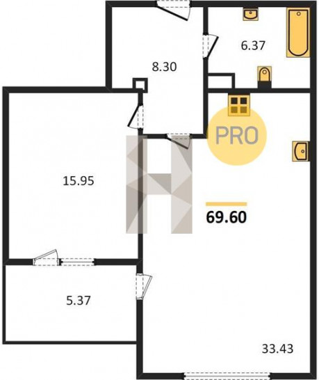 Однокомнатная квартира 69.6 м²