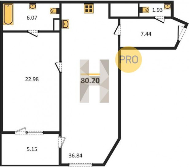 Однокомнатная квартира 80.2 м²
