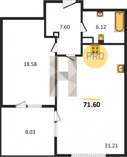 Однокомнатная квартира 71.6 м²